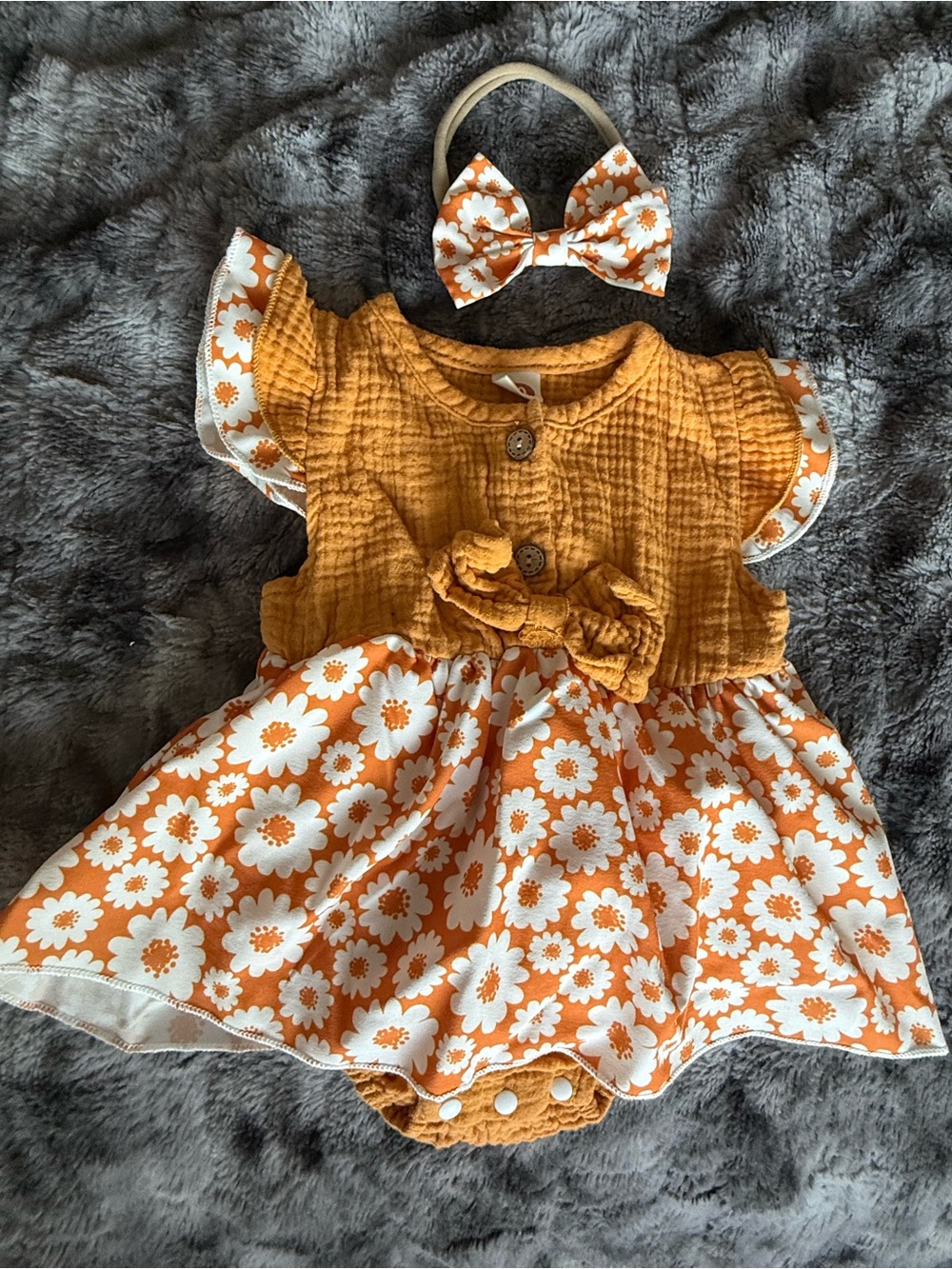Mustard Yellow & White Floral Daisy Baby Dress with Bow Headband